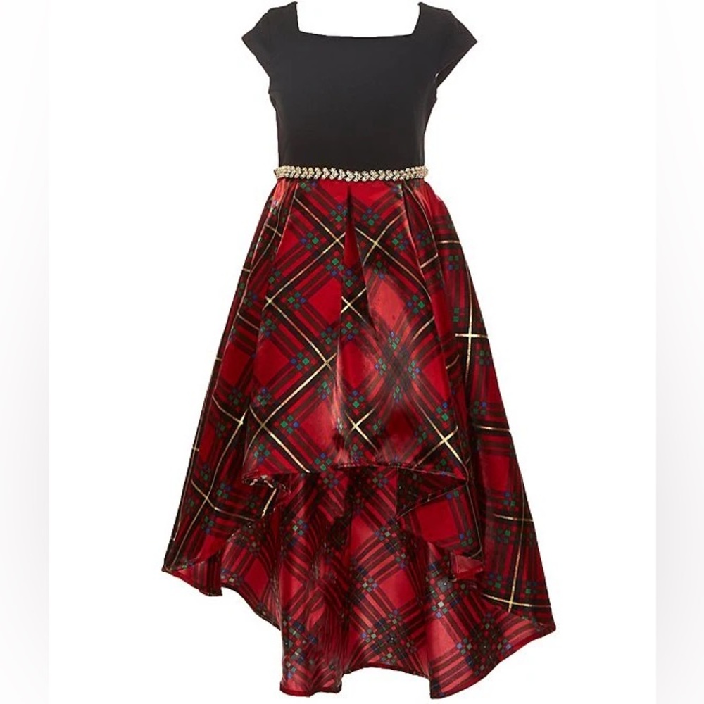 Big Girls Short Sleeve Scuba-Knit Bodice/Plaid Satin High-Low-Hem Ballgown